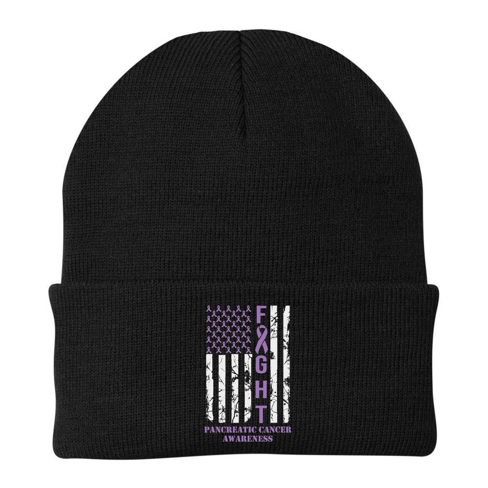 Fight Flag Purple Ribbon Support Pancreatic Cancer Awareness Beanie