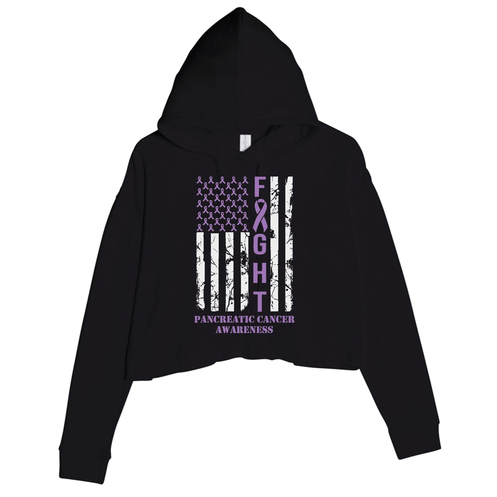 Fight Flag Purple Ribbon Support Pancreatic Cancer Awareness Crop Fleece Hoodie