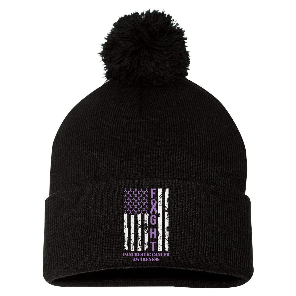 Fight Flag Purple Ribbon Support Pancreatic Cancer Awareness Pom Pom 12in Knit Beanie