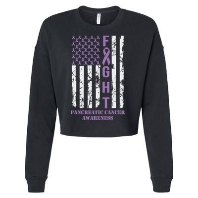 Fight Flag Purple Ribbon Support Pancreatic Cancer Awareness Cropped Pullover Crew