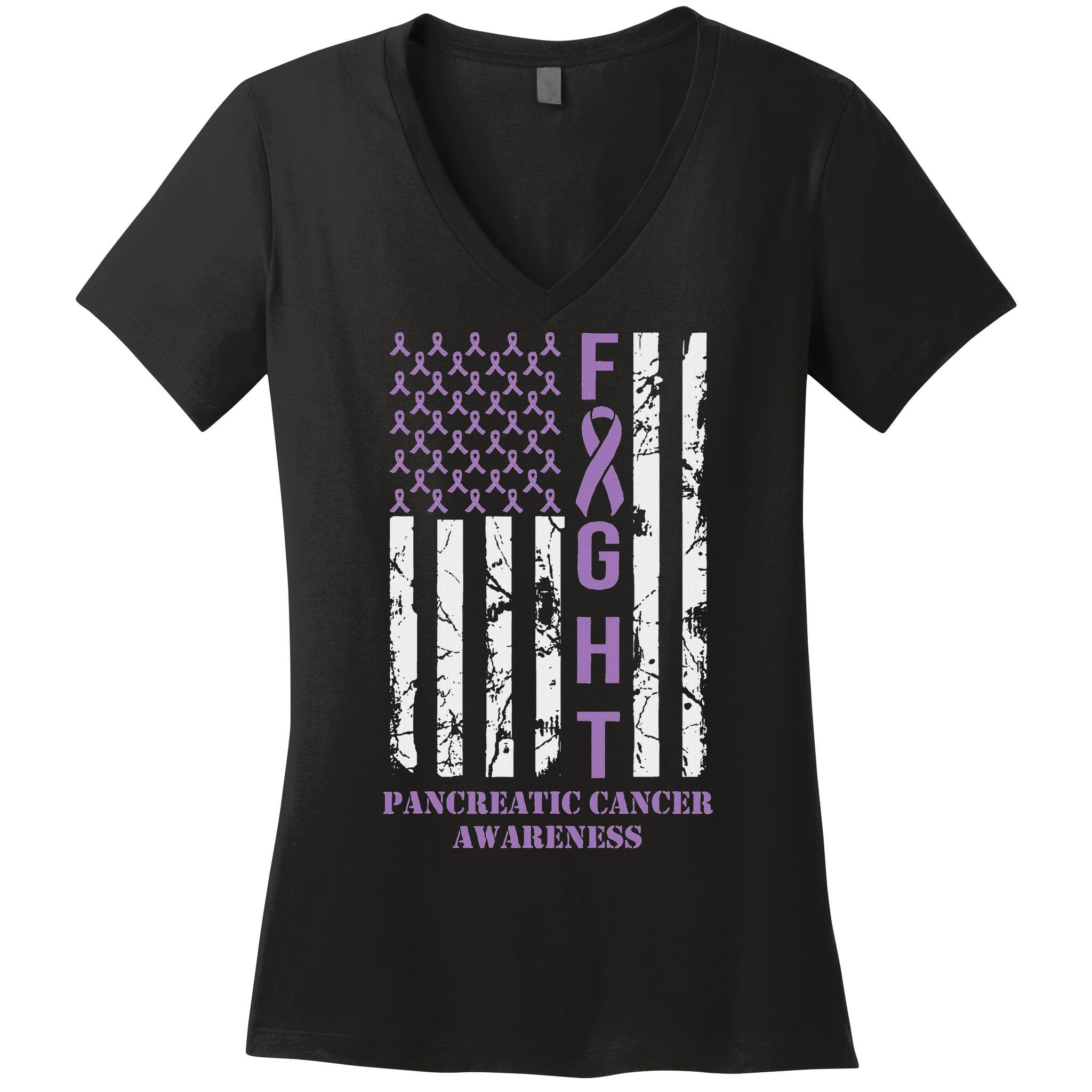 Fight Flag Purple Ribbon Support Pancreatic Cancer Awareness Women's V-Neck T-Shirt