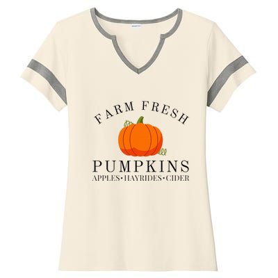 Farm Fresh Pumpkins Apples Hayrides Cider Thanksgiving Fall Ladies Halftime Notch Neck Tee