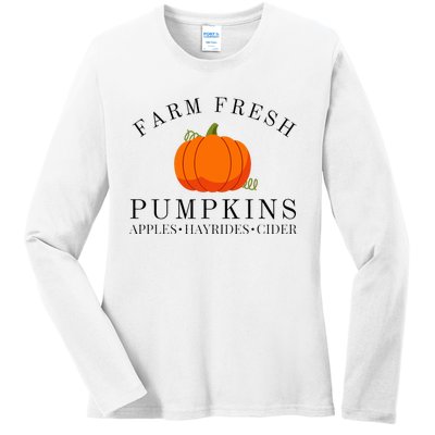 Farm Fresh Pumpkins Apples Hayrides Cider Thanksgiving Fall Ladies Long Sleeve Shirt