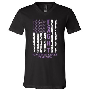 Fight Flag Purple Ribbon Support Pancreatic Cancer Awareness V-Neck T-Shirt