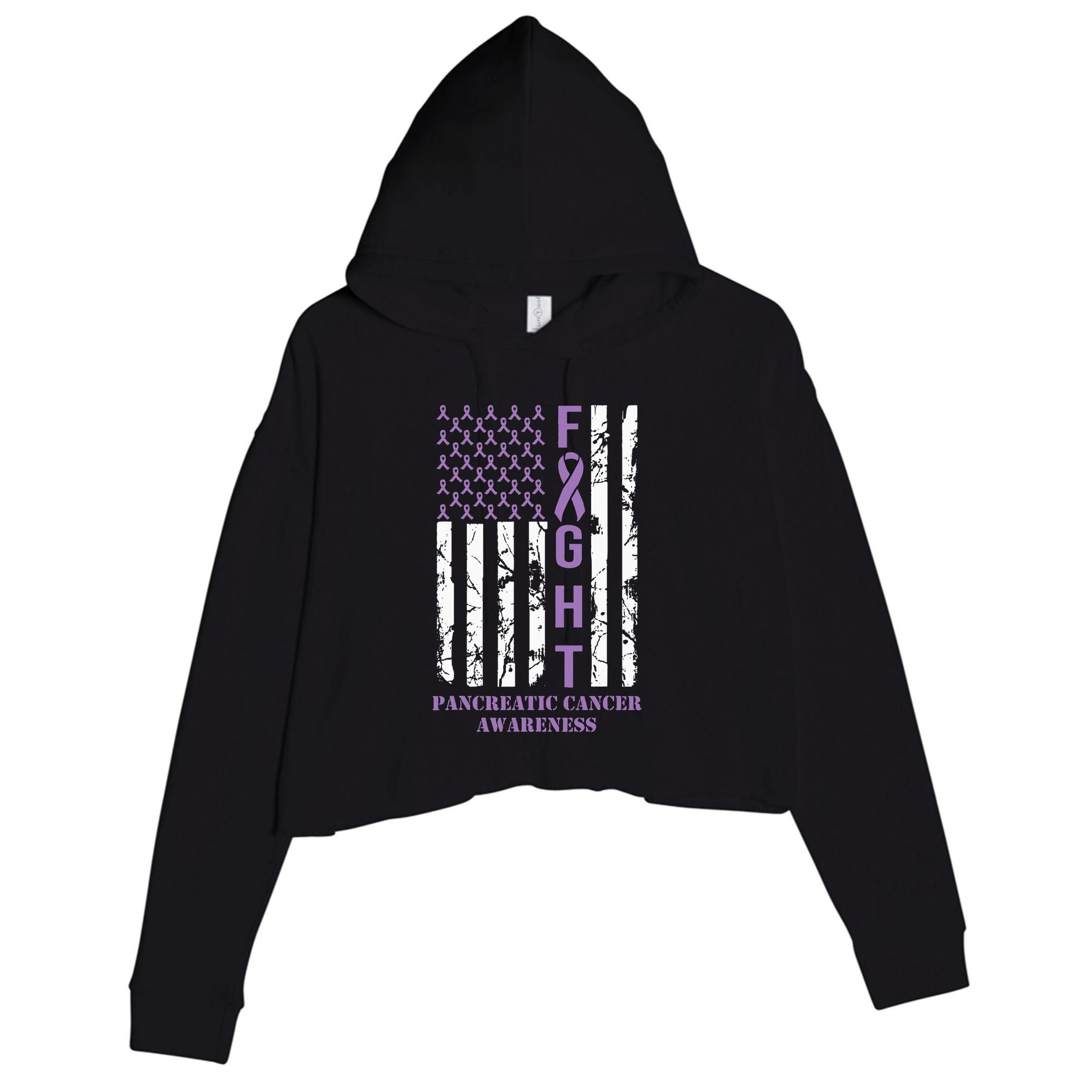 Fight Flag Purple Ribbon Support Pancreatic Cancer Awareness Crop Fleece Hoodie