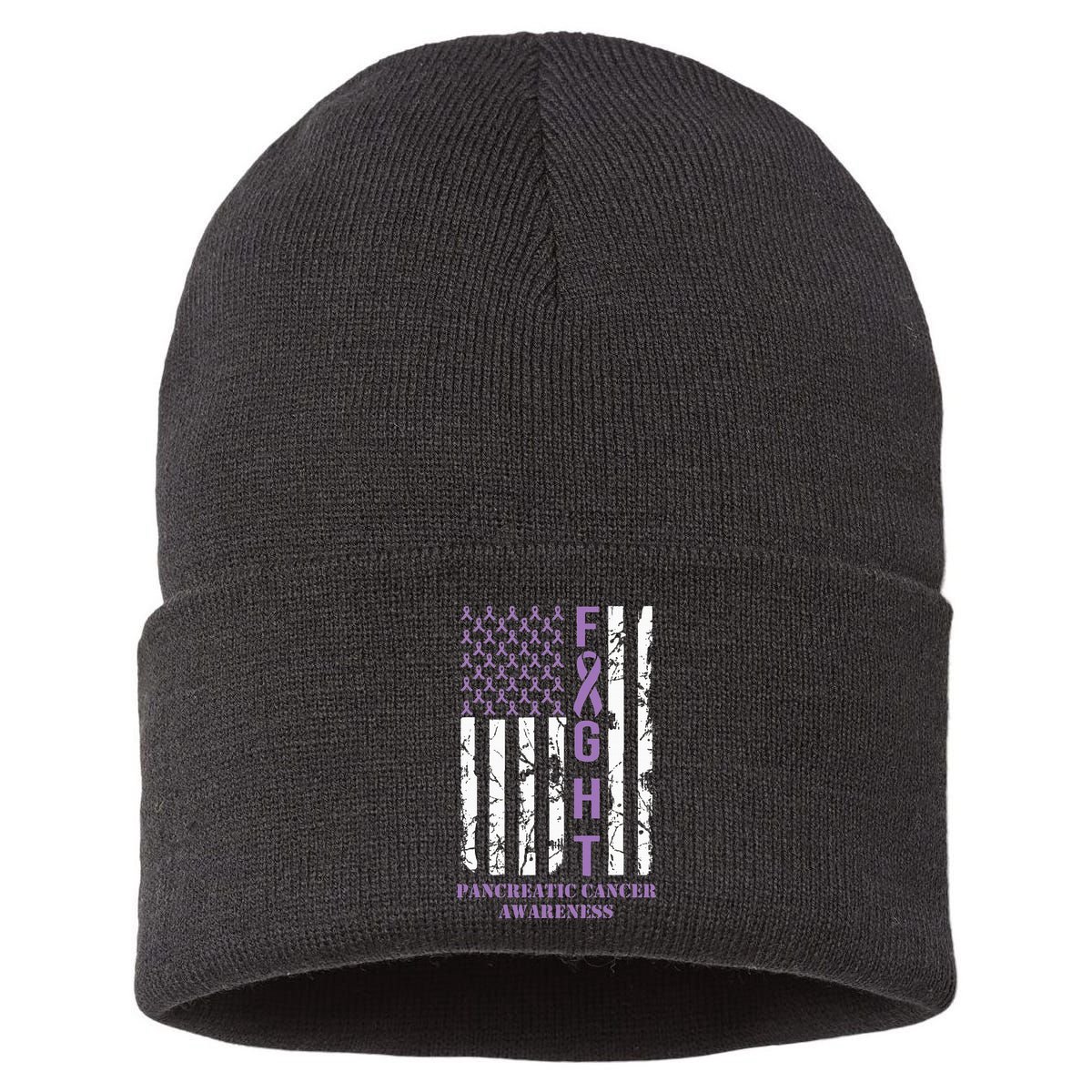 Fight Flag Purple Ribbon Support Pancreatic Cancer Awareness Sustainable Knit Beanie