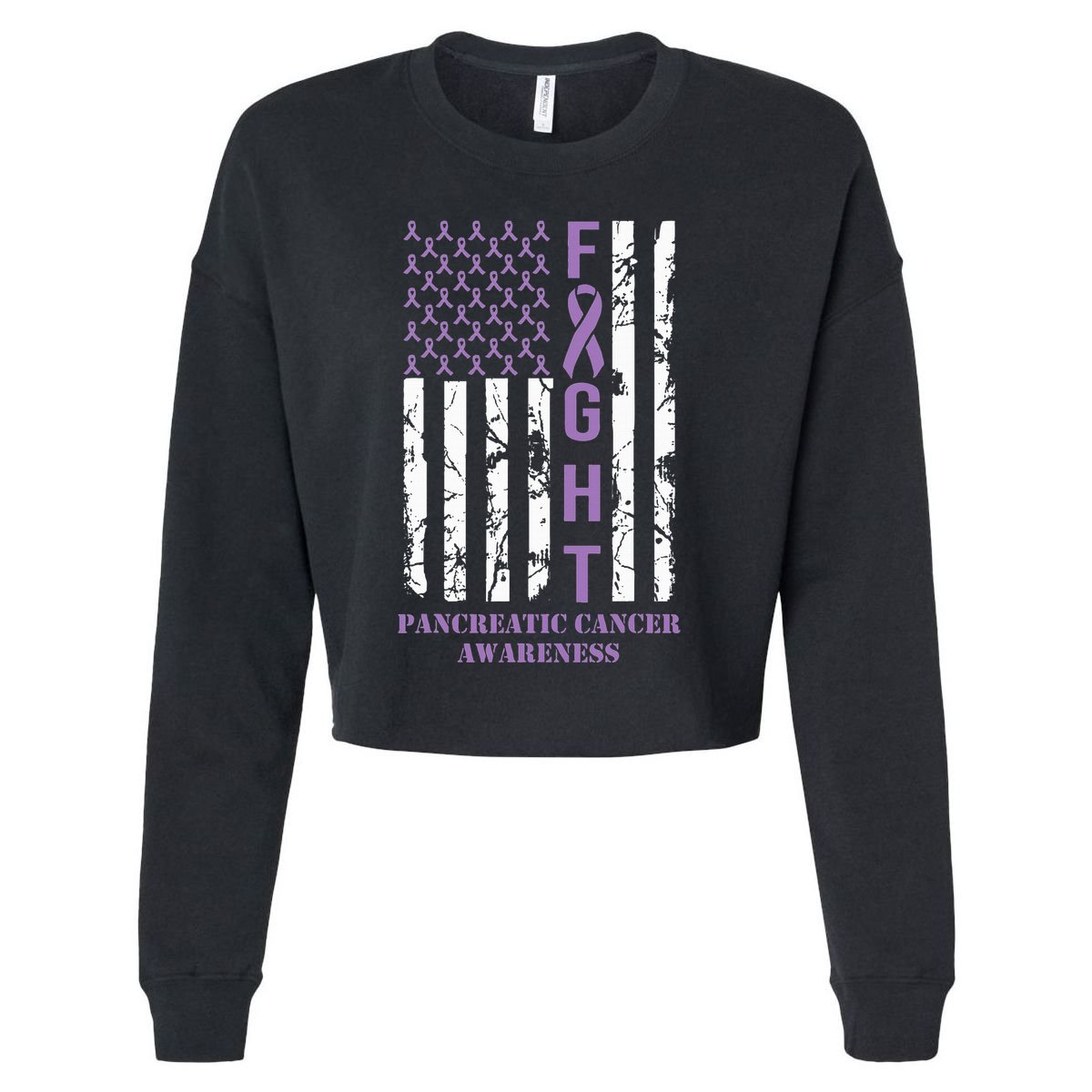 Fight Flag Purple Ribbon Support Pancreatic Cancer Awareness Cropped Pullover Crew