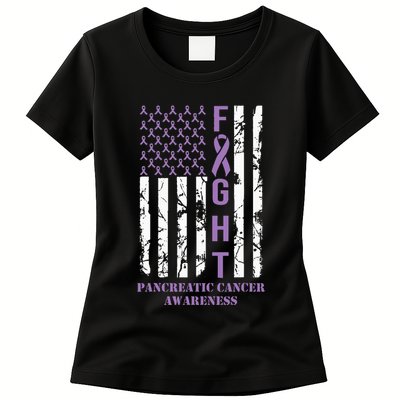 Fight Flag Purple Ribbon Support Pancreatic Cancer Awareness Womens T-Shirt