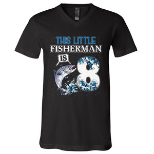 Funny Fishing Party 8 Year Old Birthday Fisherman 8th Fisher V-Neck T-Shirt