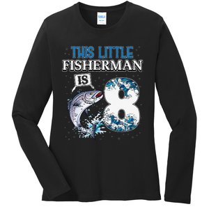 Funny Fishing Party 8 Year Old Birthday Fisherman 8th Fisher Ladies Long Sleeve Shirt