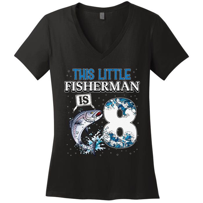 Funny Fishing Party 8 Year Old Birthday Fisherman 8th Fisher Women's V-Neck T-Shirt