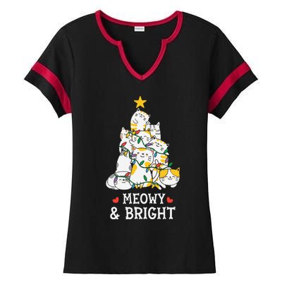 Festive Feline Pajamas Hilarious Christmas Tree Design Ladies Halftime Notch Neck Tee