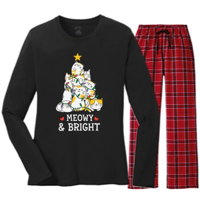 Festive Feline Pajamas Hilarious Christmas Tree Design Women's Long Sleeve Flannel Pajama Set 