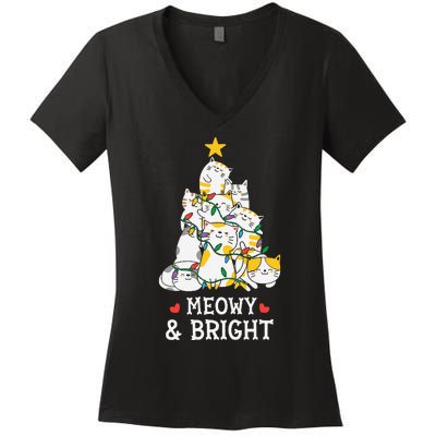 Festive Feline Pajamas Hilarious Christmas Tree Design Women's V-Neck T-Shirt