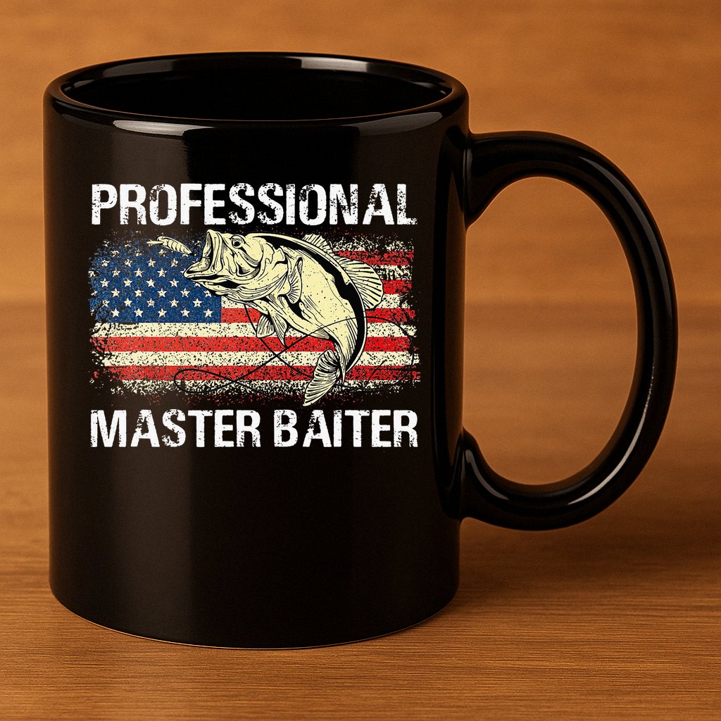 Funny Fishing Professional Master Baiter Retro American Flag 11oz C Handle Ceramic Mug
