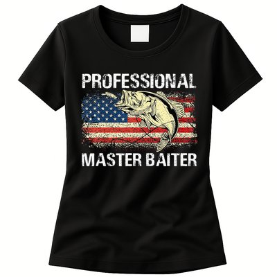 Funny Fishing Professional Master Baiter Retro American Flag Womens T-Shirt