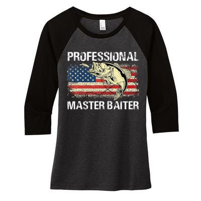 Funny Fishing Professional Master Baiter Retro American Flag Women's Tri-Blend 3/4-Sleeve Raglan Shirt