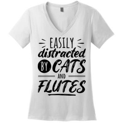 Funny Flute Player Saying Cat Owner I Cats And Flutes Women's V-Neck T-Shirt
