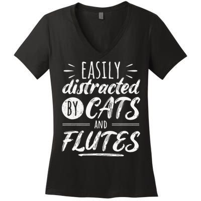 Funny Flute Player Saying Cat Owner I Cats And Flutes Women's V-Neck T-Shirt