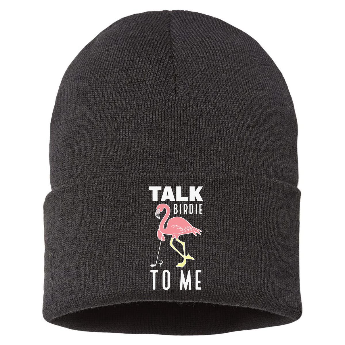 Funny Flamingo Playing Golf Talk Birdie To Me Golf Sustainable Knit Beanie