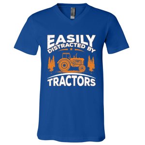 Funny Farming Quote Gift Easily Distracted By Tractors Funny Gift V-Neck T-Shirt