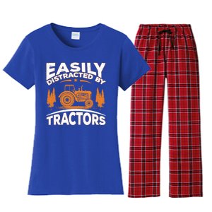 Funny Farming Quote Gift Easily Distracted By Tractors Funny Gift Women's Flannel Pajama Set