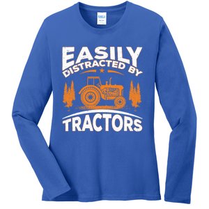 Funny Farming Quote Gift Easily Distracted By Tractors Funny Gift Ladies Long Sleeve Shirt