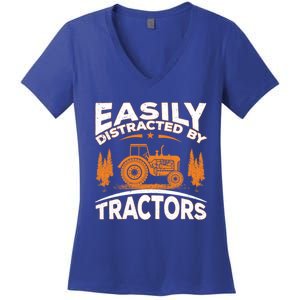 Funny Farming Quote Gift Easily Distracted By Tractors Funny Gift Women's V-Neck T-Shirt