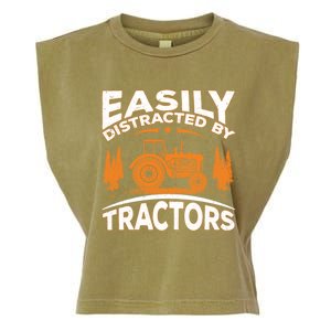 Funny Farming Quote Gift Easily Distracted By Tractors Funny Gift Garment-Dyed Women's Muscle Tee