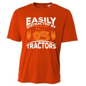 Funny Farming Quote Gift Easily Distracted By Tractors Gift Cooling Performance Crew T-Shirt