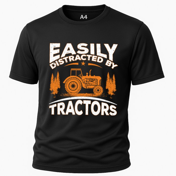 Funny Farming Quote Gift Easily Distracted By Tractors Gift Cooling Performance Crew T-Shirt