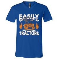 Funny Farming Quote Gift Easily Distracted By Tractors Gift V-Neck T-Shirt