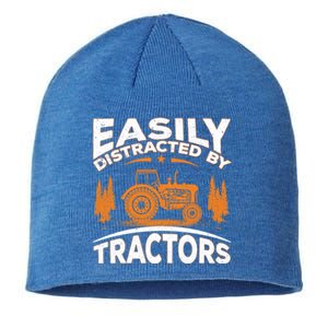 Funny Farming Quote Gift Easily Distracted By Tractors Gift Sustainable Beanie