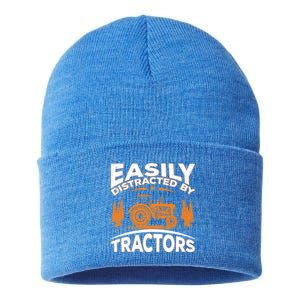 Funny Farming Quote Gift Easily Distracted By Tractors Gift Sustainable Knit Beanie