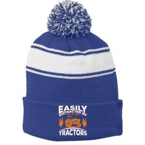 Funny Farming Quote Gift Easily Distracted By Tractors Gift Stripe Pom Pom Beanie