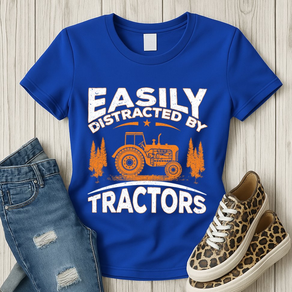Funny Farming Quote Gift Easily Distracted By Tractors Gift Womens T-Shirt