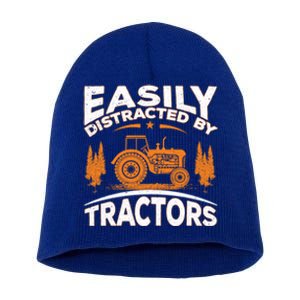 Funny Farming Quote Gift Easily Distracted By Tractors Gift Short Acrylic Beanie