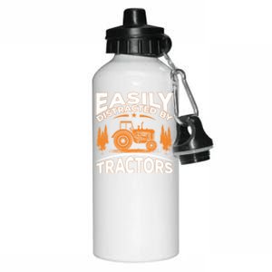 Funny Farming Quote Gift Easily Distracted By Tractors Gift Aluminum Water Bottle