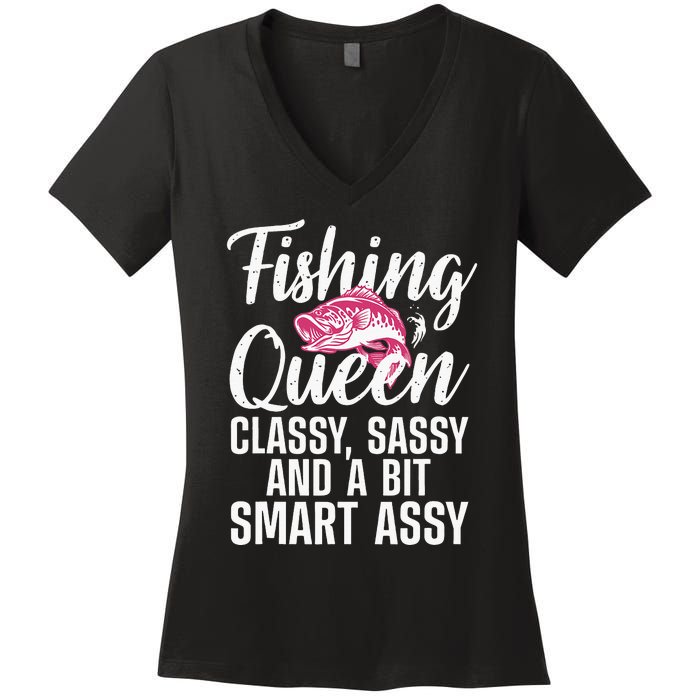 Funny Fishing Queen Design For Women Ladies Fishing Lovers Women's V-Neck T-Shirt