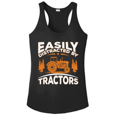 Funny Farming Quote Gift Easily Distracted By Tractors Ladies PosiCharge Competitor Racerback Tank
