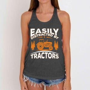 Funny Farming Quote Gift Easily Distracted By Tractors Women's Knotted Racerback Tank