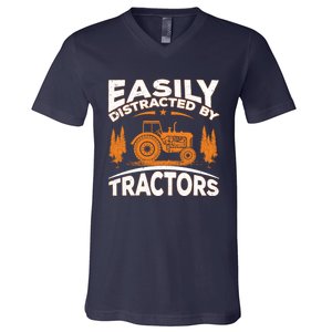 Funny Farming Quote Gift Easily Distracted By Tractors V-Neck T-Shirt