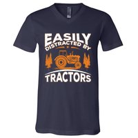 Funny Farming Quote Gift Easily Distracted By Tractors V-Neck T-Shirt