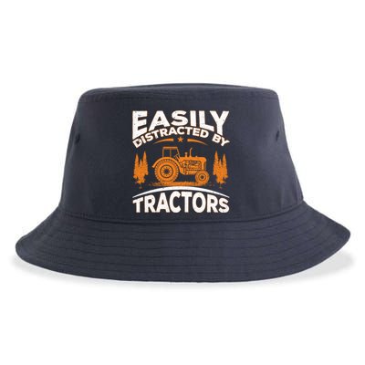 Funny Farming Quote Gift Easily Distracted By Tractors Sustainable Bucket Hat