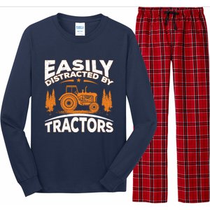 Funny Farming Quote Gift Easily Distracted By Tractors Long Sleeve Pajama Set