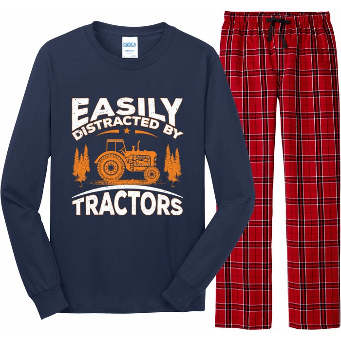 Funny Farming Quote Gift Easily Distracted By Tractors Long Sleeve Pajama Set