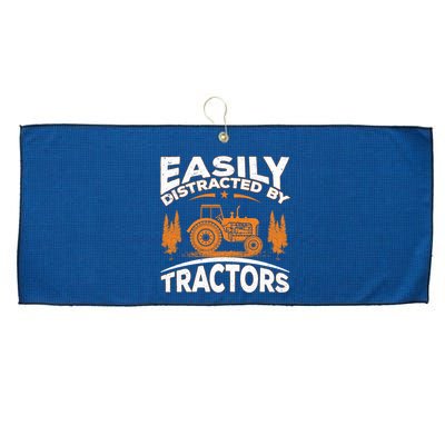 Funny Farming Quote Gift Easily Distracted By Tractors Large Microfiber Waffle Golf Towel