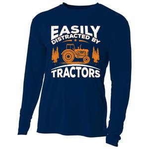 Funny Farming Quote Gift Easily Distracted By Tractors Cooling Performance Long Sleeve Crew