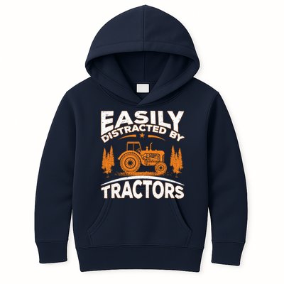 Funny Farming Quote Gift Easily Distracted By Tractors Kids Hoodie