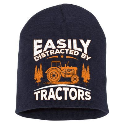 Funny Farming Quote Gift Easily Distracted By Tractors Short Acrylic Beanie